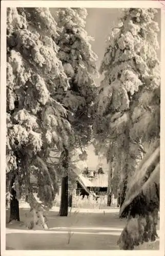 Ak Świeradów Zdrój Bad Flinsberg Isergebirge Schlesien, Heufuderbaude, Winter