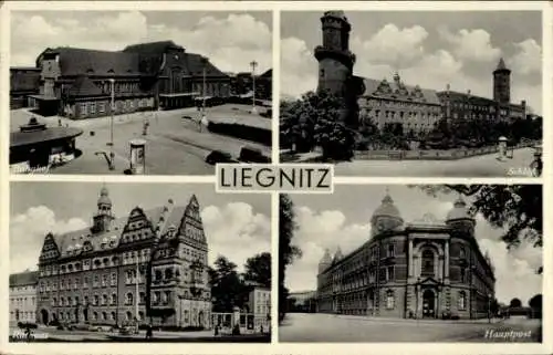 Ak Legnica Liegnitz Schlesien, Bahnhof, Rathaus, Schloss, Hauptpost