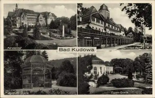 Ak Kudowa Zdrój Bad Kudowa Schlesien, Fürstenhof, Charlottenbad, Gottholdquelle, Eugenquelle