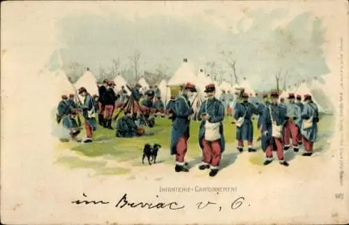 Litho-Infanterie, französische Soldaten in Uniform, Zelte