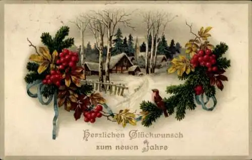 Ak Glückwunsch Neujahr, Haus, Tannenzweige, Vogel