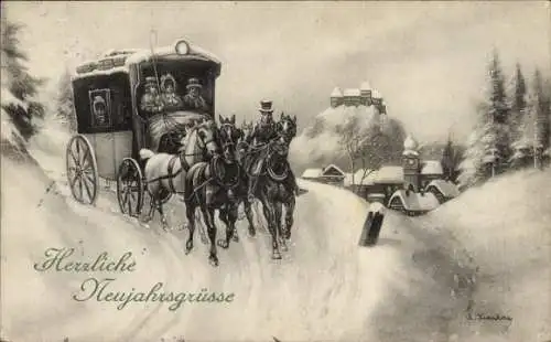 Künstler Ak Glückwunsch Neujahr, Kutsche, Schnee