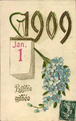 Präge Ak Glückwunsch Neujahr 1909, Kalender, Vergissmeinnicht