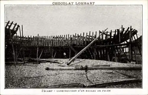 Ak Reklame, Chocolat Lombart, Fischerboot im Bau, Werft