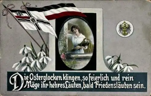 Ak Ostern, Die Osterglocken klingen so feierlich und rein, Friedensläuten, Fahnen, I. WK