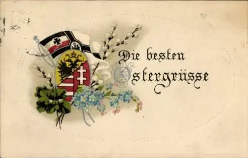 Ak Glückwunsch Ostern, Flagge, Wappen, Weidenkätzchen, Eichenlaub, Vergissmeinnicht, 1. WK