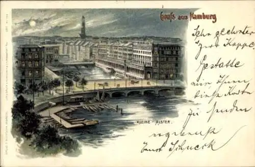 Mondschein Litho Hamburg Mitte, Kleine Alster bei Nacht