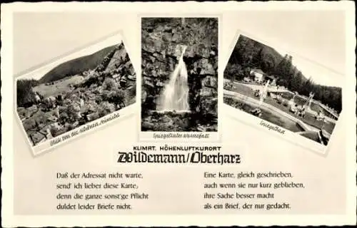 Ak Wildemann Clausthal Zellerfeld im Oberharz, Totalansicht, Spiegelbad, Spiegelthaler Wasserfall