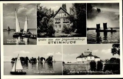 Ak Steinhude Wunstorf in Niedersachsen, Segelboote auf dem Steinhuder Meer, Jugendherberge, Torfkahn