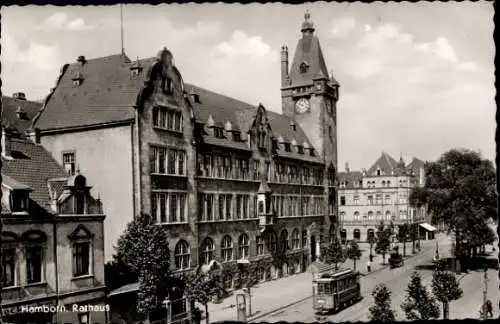 Ak Hamborn Duisburg im Ruhrgebiet, Rathaus, Straßenbahn