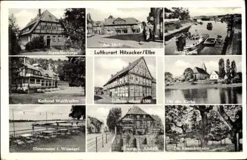 Ak Hitzacker an der Elbe, Kurhotel Waldfrieden, Markt, Alte Kirche, Elbterrassen Wussegel, Zollhaus