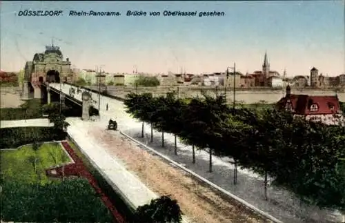 Ak Oberkassel Düsseldorf am Rhein, Rhein-Panorama, Brücke von Oberkassel gesehen