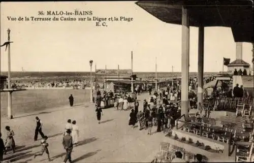 Ak Malo les Bains Nord, Vue de la Terrasse du Casino sur la Digue, Plage