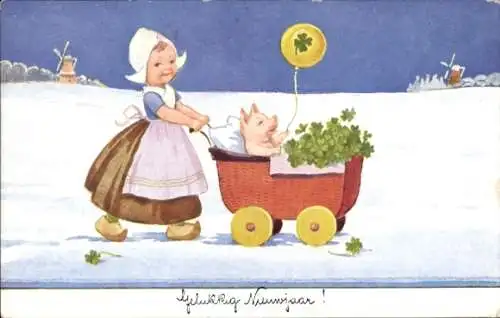 Künstler Ak Wills, John, Neujahr, Mädchen in niederländischer Tracht, Schweinchen im Puppenwagen