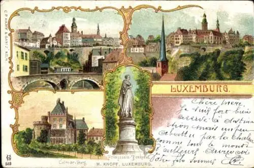 Passepartout Litho Luxemburg, Teilansicht, Prinzessin Denkmal, Celmar Berg