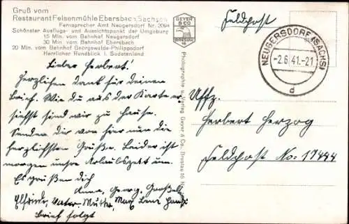 Ak Ebersbach in Sachsen, Restaurant Felsenmühle, Gedicht