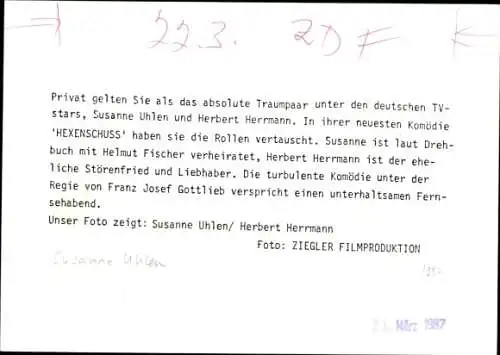 Ak Schauspieler Herbert Herrmann, Schauspielerin Susanne Uhlen, Filmszene, Autogramm