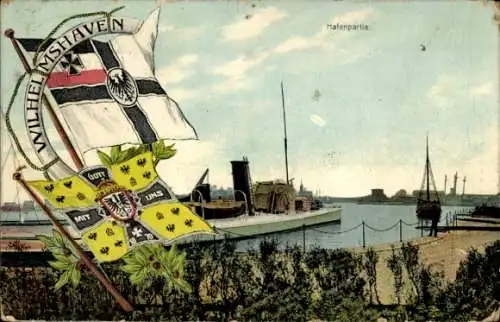 Ak Wilhelmshaven an der Nordsee, Hafenpartie, Fahnen