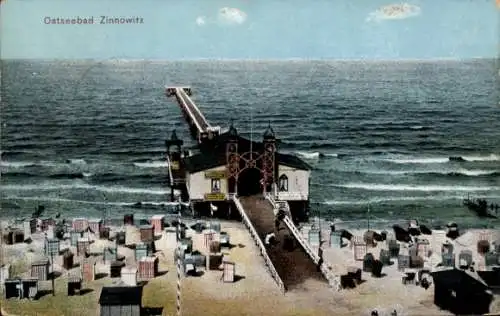 Ak Ostseebad Zinnowitz auf Usedom, Strandpartie, Seebrücke