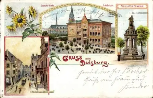 Litho Duisburg im Ruhrgebiet, Josephskirche, Mittelschule, Mercatordenkmal, Poststraße, Reichspost