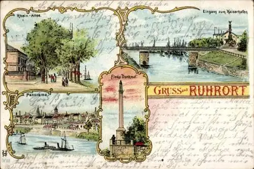 Litho Ruhrort Duisburg im Ruhrgebiet, Kaiserhafen, Rhein-Allee, Panorama