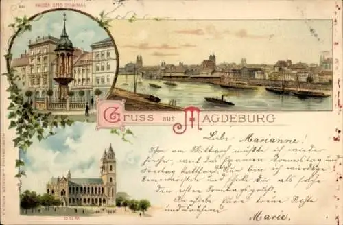 Litho Magdeburg, Gesamtansicht, Dom, Kaiser Otto Denkmal