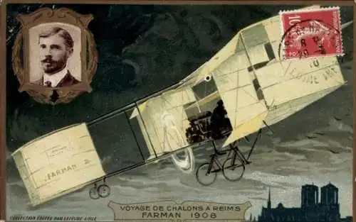 Präge Ak Reise von Chalons nach Reims, Farman 1908, Luftfahrt