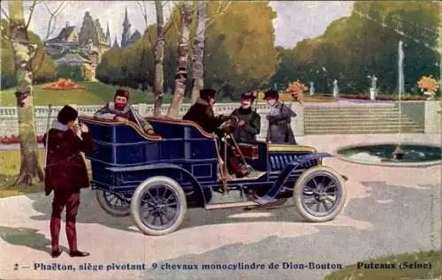 Künstler Ak Auto Phaeton, siege pivotant, 9 chevaux monocylindre de Dion Bouton, Puteaux Seine