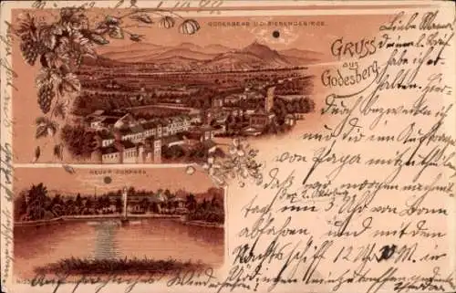 Litho Bad Godesberg Bonn am Rhein, Gesamtansicht, Siebengebirge, neuer Kurpark