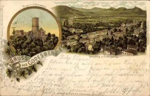 Litho Bad Godesberg Bonn am Rhein, Gesamtansicht, Burgruine