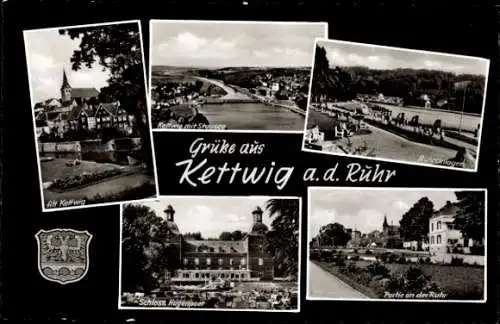 Ak Kettwig Essen im Ruhrgebiet, Stausee, Ruhranlagen, Schloss Hugenpoet, Wappen