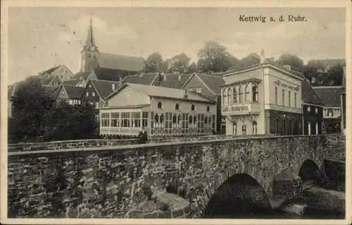 Ak Kettwig Essen im Ruhrgebiet, Altstadt, Kirche, Brücke, Cafe und Restauration