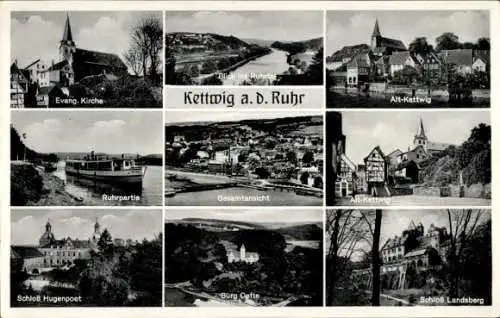 Ak Kettwig Essen im Ruhrgebiet, Panorama, Kirche, Schloss Landsberg, Burg Oefte, Schloss Hugenpoet