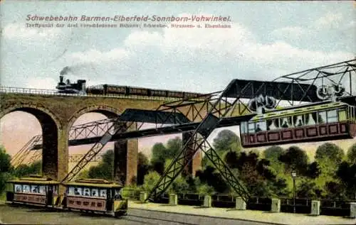 Ak Wuppertal, Schwebebahn Barmen-Elberfeld-Sonnborn-Vohwinkel, Straßenbahn, Dampflok