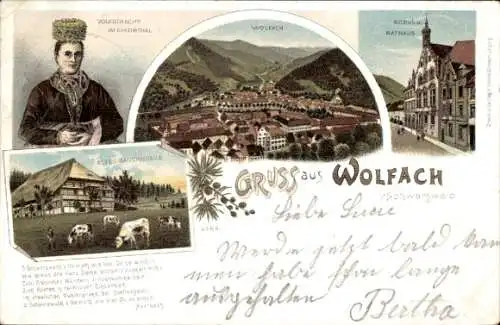 Litho Wolfach im Schwarzwald, Gesamtansicht, Schule, Rathaus, Bauernhaus, Frau in Volkstracht