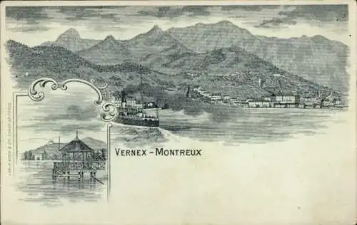 Litho Vernex Montreux Kanton Waadt, Panorama, Dampfschiff, Steg