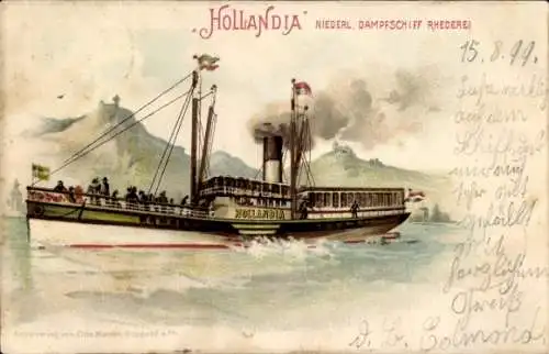 Litho Dampfer Hollandia auf dem Rhein, Niederländische Dampfschiff Rhederei