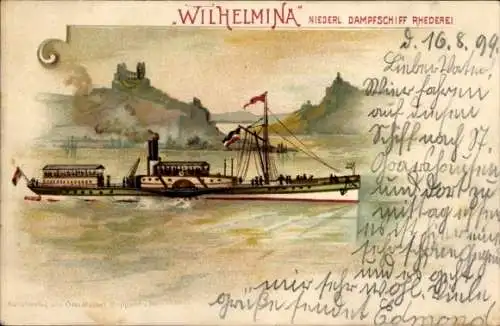 Litho Dampfer Wilhelmina auf dem Rhein, Niederländische Dampfschiff Rhederei