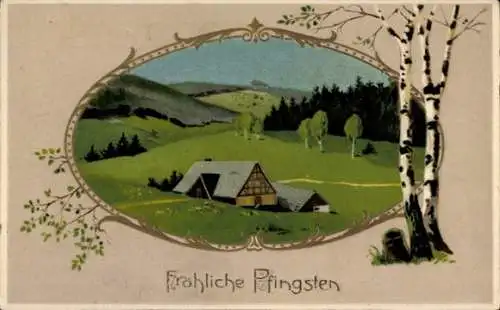 Künstler Passepartout Ak Glückwunsch Pfingsten, Dorfmotiv, Birken