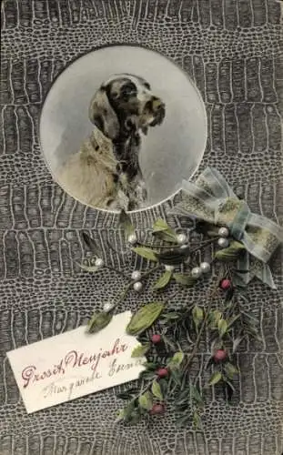 Ak Glückwunsch Neujahr, Hund, Mistelzweige, Schleife