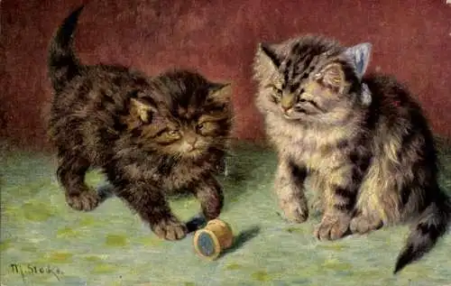 Künstler Litho Stocks, M., Katzen spielen mit Garnrolle