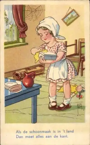 Künstler Ak Mädchen mit Kopftuch beim Hausputz