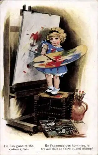 Künstler Ak Nash, A. A., Mädchen an der Staffelei, he has gone to the colours too