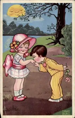 Künstler Ak Boriss, Margret, Liebespaar im Mondschein, Handkuss