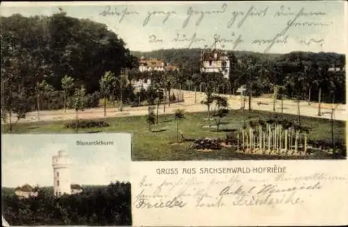 Ak Sachsenwald Hofriede Aumühle in Lauenburg, Teilansicht, Bismarckturm