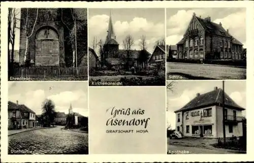 Ak Asendorf in der Nordheide, Ehrenmal, Kirche, Schule, Apotheke, Straßenpartie