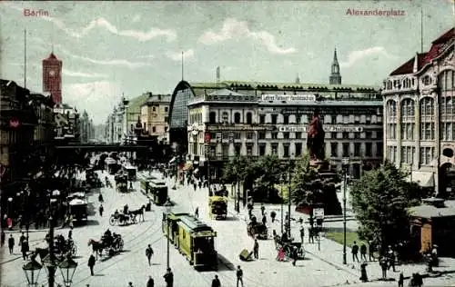 Ak Berlin Mitte, Alexanderplatz, Straßenbahn, Kutschen, Lehrer Flatauer Handelsschule