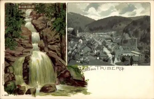 Litho Triberg im Schwarzwald, Triberger Wasserfall, Blick über die Dächer der Stadt