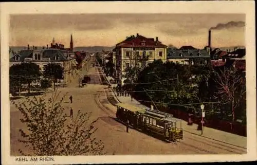 Ak Kehl am Rhein, Teilansicht, Straßenbahn, Schornstein, Kirchturm