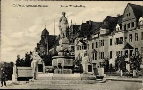 Ak Koblenz in Rheinland Pfalz, Artillerie Denkmal, Kaiser Wilhelm Ring, Statue